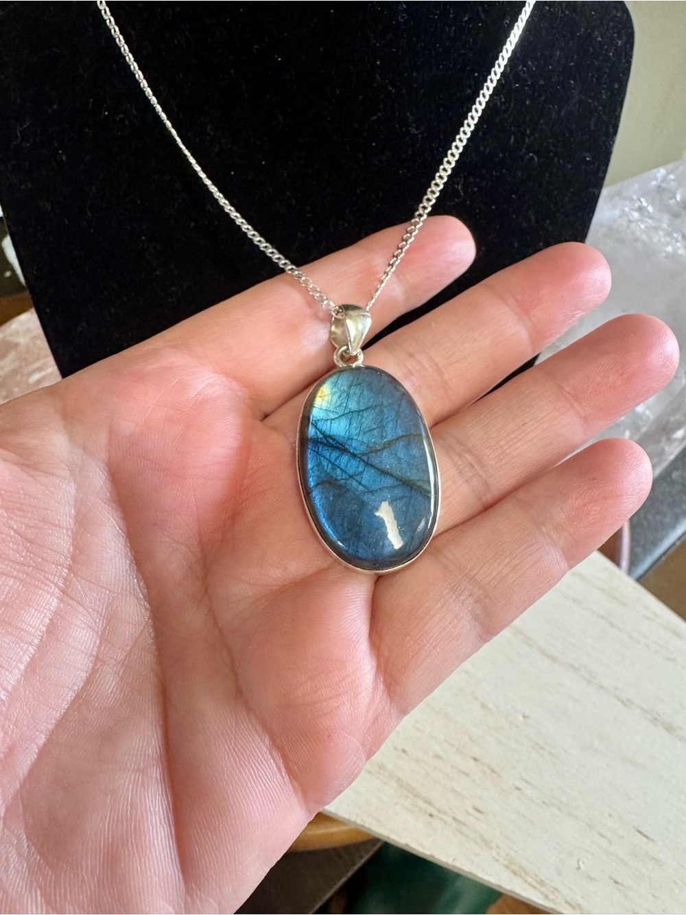 Sterling Silver Labradorite Oval Gemstone Pendant - Blue Flash